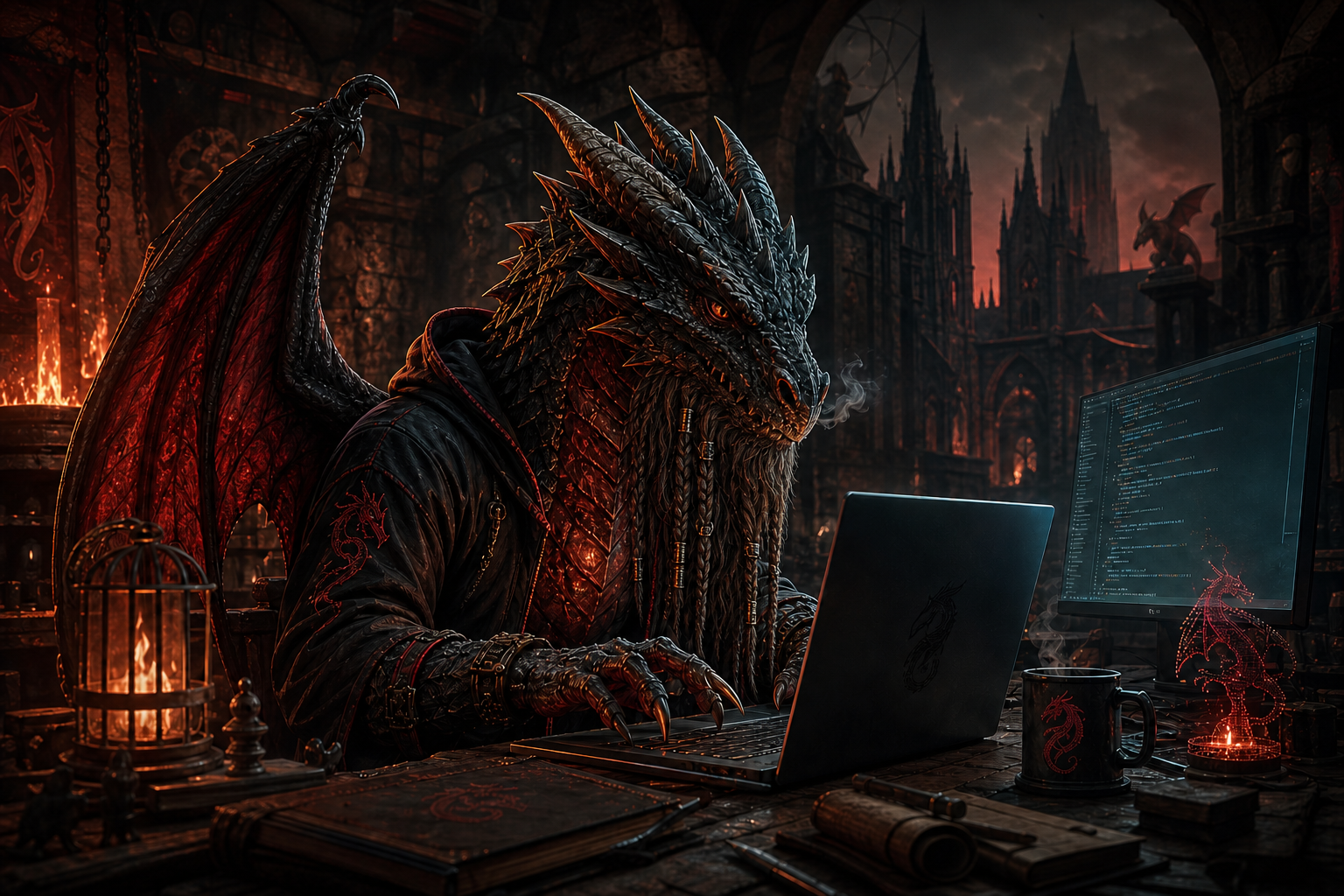 Graoully-inspired bearded metalhead dragon coding on a computer in a dark Metz workshop